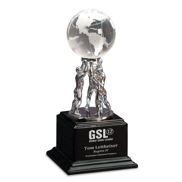 Crystal Globe on Silver Metal Teamwork Stand on Black Base