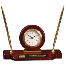 Rosewood Piano Finish Desk Clock on Base with 2 Pens